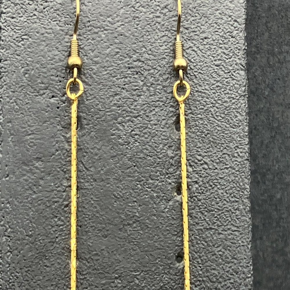 Long Dangle Pierced Earrings Gold Chain Faceted Crystal Black Diamond Drop - Picture 3 of 5
